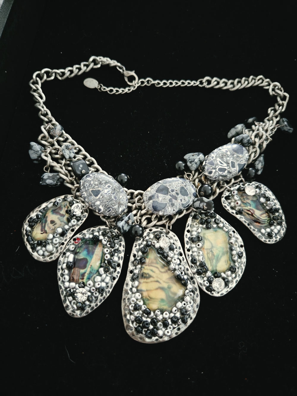 Lucia Statement Abalone and Gray Stone Bib Necklace - Women Jewelry